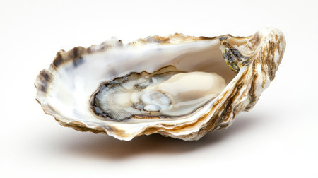 A gourmet oyster on a half shell, showing intricate details of its rough exterior and soft interior, against a white background.の素材