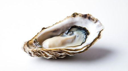 A gourmet seafood presentation featuring an opened oyster with natural brine, resting on a bright white background.の素材
