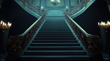 A luxurious yet unsettling staircase with dim lighting, fading into darkness at the top.の素材