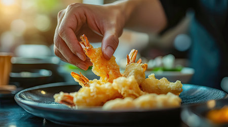 A hand reaching for a crispy shrimp tempura piece from a plate, set against a softly blurred background.の素材