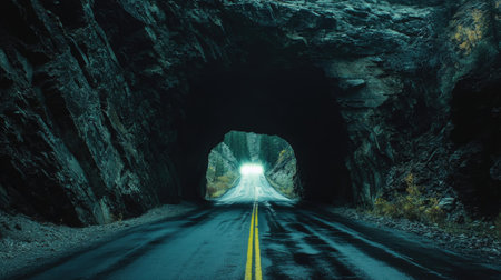 A dramatic view of a dark road inside a rocky tunnel, with a glowing light visible at the far end.の素材