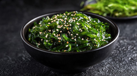 A fresh and healthy wakame seaweed salad with sesame seeds, served in a black bowl, placed on a dark textured background.の素材