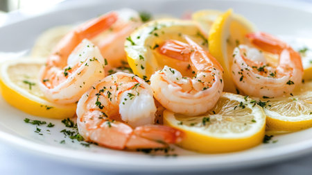 A gourmet-style display of fresh shrimp and lemon slices on a white plate, set against a soft, elegant background.の素材