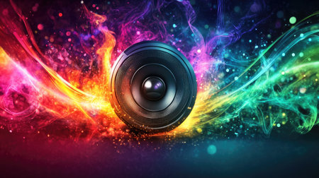 A futuristic speaker emitting sound waves in various bright colors, symbolizing music energy.の素材