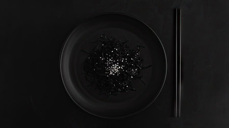 A gourmet serving of wakame seaweed salad with sesame seeds, plated on a sleek black dish with a pair of chopsticks on the side.の素材