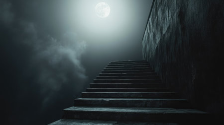A lonely, desolate stairway bathed in soft moonlight, vanishing into pitch-black nothingness.の素材