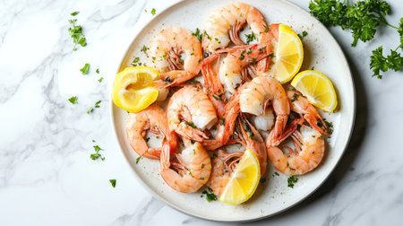 A fresh seafood platter with raw shrimp, served with lemon wedges on a white dish, placed on a marble background.の素材
