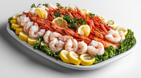 A fresh and vibrant seafood platter with raw shrimp and lemon slices, elegantly plated on a white dish.の素材