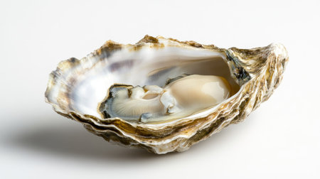 A gourmet oyster on a half shell, showing intricate details of its rough exterior and soft interior, against a white background.の素材