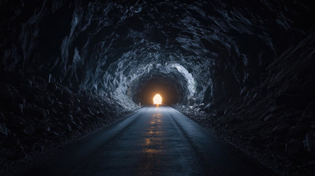 A dramatic view of a dark road inside a rocky tunnel, with a glowing light visible at the far end.の素材