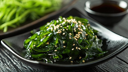A gourmet Japanese appetizer featuring wakame seaweed salad with sesame seeds, served on a black plate with a side of soy sauce.の素材