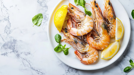 A fresh seafood platter with raw shrimp, served with lemon wedges on a white dish, placed on a marble background.の素材