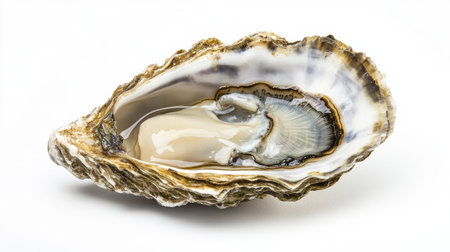 A gourmet seafood presentation featuring an opened oyster with natural brine, resting on a bright white background.の素材
