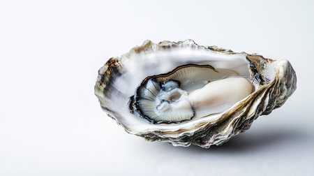 A gourmet seafood presentation featuring an opened oyster with natural brine, resting on a bright white background.の素材