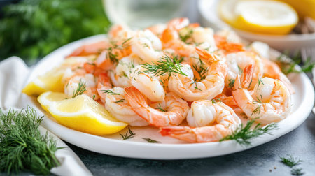 A fresh seafood appetizer with shrimp on a white plate, surrounded by lemon wedges and fresh dill.の素材