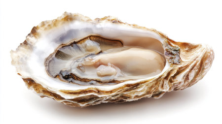 A freshly shucked oyster with a rough textured shell and smooth, juicy meat inside, isolated on a clean white backdrop.の素材