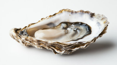 A gourmet oyster on a half shell, showing intricate details of its rough exterior and soft interior, against a white background.の素材