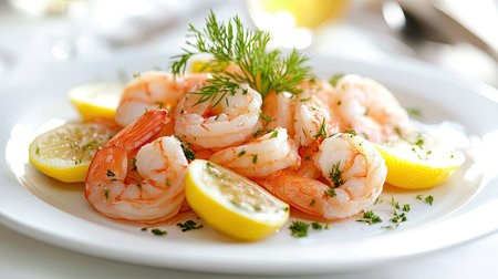 A gourmet-style display of fresh shrimp and lemon slices on a white plate, set against a soft, elegant background.の素材