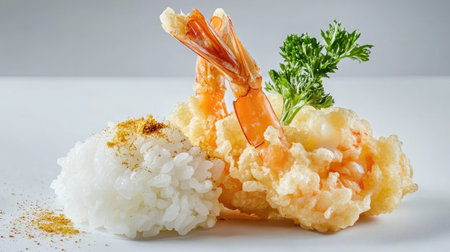 A gourmet food shot of shrimp tempura with a side of rice, placed against a clean, minimalistic background.の素材