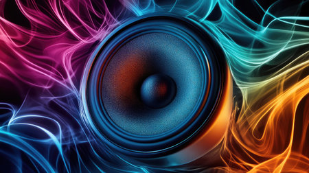 A high-quality speaker surrounded by swirling sound waves in the shape of a vortex.の素材