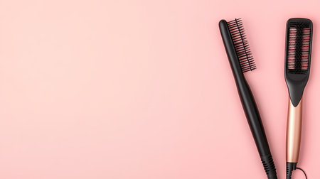 A high-quality curling wand and straightener in a top-down view on a soft pink background.の素材
