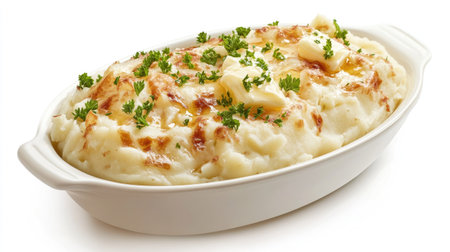 A perfect serving of creamy mashed potatoes with melted butter and parsley, styled in a white dish on a bright, neutral background.の素材