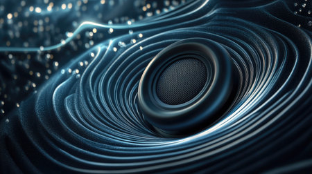 A high-quality speaker surrounded by swirling sound waves in the shape of a vortex.の素材