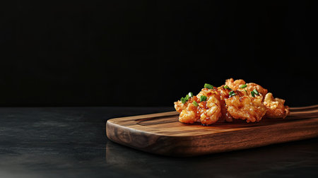 A Japanese-inspired dish featuring shrimp tempura on a traditional wooden serving board, against a deep black background.の素材