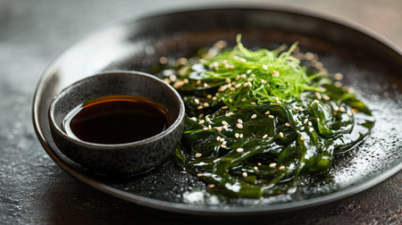 A gourmet Japanese appetizer featuring wakame seaweed salad with sesame seeds, served on a black plate with a side of soy sauce.の素材