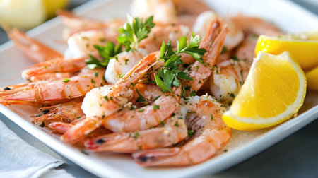 A fresh seafood platter featuring raw shrimp, bright yellow lemon wedges, and a sprig of herbs on a white dish.の素材
