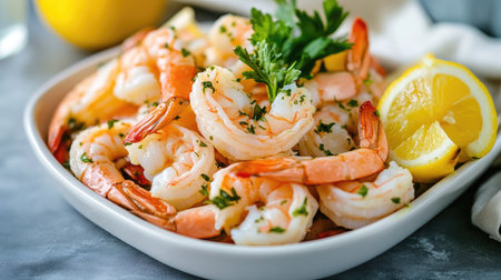 A fresh seafood platter featuring raw shrimp, bright yellow lemon wedges, and a sprig of herbs on a white dish.の素材