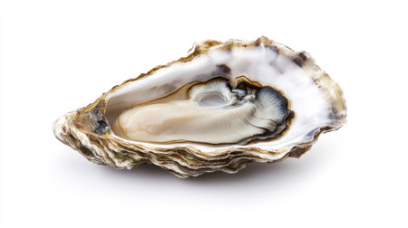 A fresh, raw oyster served naturally in its shell, with smooth textures and a pearly sheen, isolated on a white background.の素材