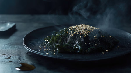 A health-conscious meal featuring wakame seaweed salad with sesame seeds, styled on a black plate with a dark, elegant backdrop.の素材
