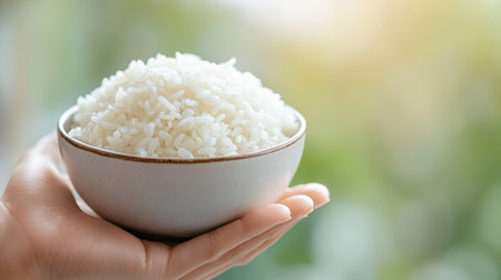 A hand holding a bowl of white rice against a softly blurred, natural-toned background.の素材