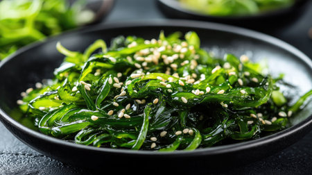 A heaping portion of fresh wakame seaweed salad, sprinkled with sesame seeds, beautifully arranged on a black plate on a dark table.の素材