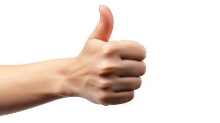 A firm thumbs-up from a hand with a strong grip, isolated on a clean, bright white background.の素材