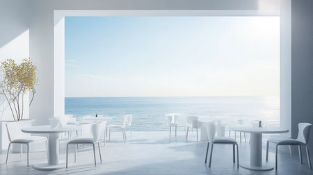 A modern beach caf with minimalist tables and chairs, offering a perfect view of the ocean and the bright sky.の素材