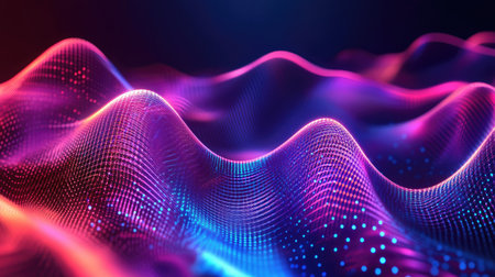 A futuristic design of sound waves vibrating in the air, with neon lights and a gradient background.の素材