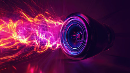 A futuristic concept of a speaker with energetic sound waves bursting outward in a neon style.の素材