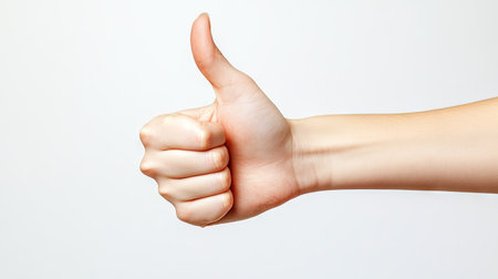 A female hand with smooth skin giving a thumbs-up, isolated on a white backdrop, with soft and natural lighting.の素材