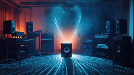 A music studio setup with sound waves pulsing outward from a speaker, surrounded by equipment.の素材