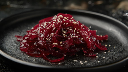 A health-conscious meal featuring wakame seaweed salad with sesame seeds, styled on a black plate with a dark, elegant backdrop.の素材