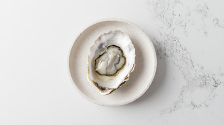 A minimalist seafood presentation of a raw oyster in its shell, placed on a crisp white background.の素材