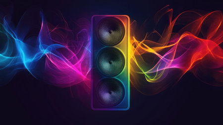 A minimalist image of a speaker with colorful sound waves rippling through the air.の素材