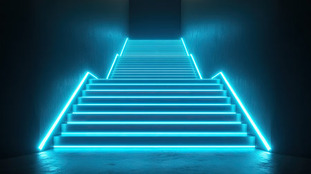 A futuristic, glowing staircase that fades into infinite blackness at the top.の素材