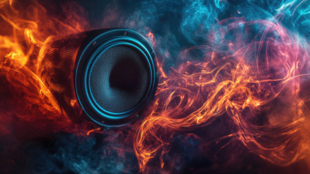A high-quality speaker surrounded by swirling sound waves in the shape of a vortex.の素材