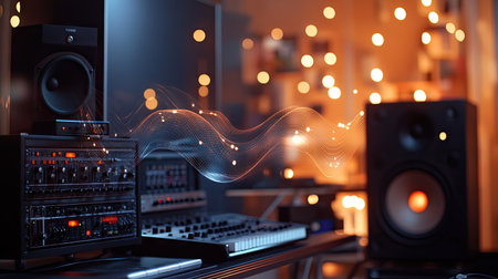 A music studio setup with sound waves pulsing outward from a speaker, surrounded by equipment.の素材
