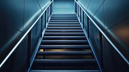 A modern metal staircase with cold steel steps fading into complete darkness above.の素材