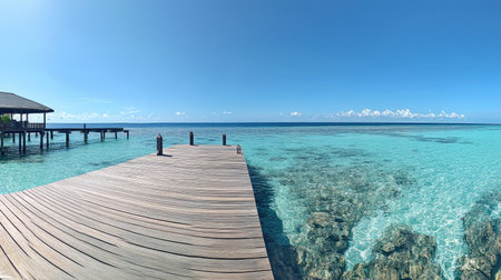A panoramic view of a wooden pier extending over crystal-clear waters, with the sea stretching into the distance.の素材