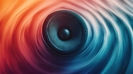 A high-quality speaker surrounded by swirling sound waves in the shape of a vortex.の素材